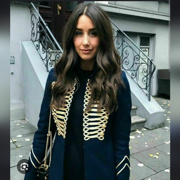 Zara Navy Blue Gold Embroidery Military Blogger Jacket Blazer XS - Picture 10 of 14